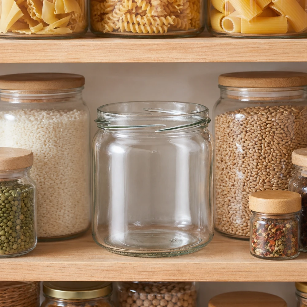 UNiTWIST Runda408 leeres Rundglas 408ml TO82 in organisierter Vorratsküche zwischen gefüllten Vorratsgläsern mit Hülsenf