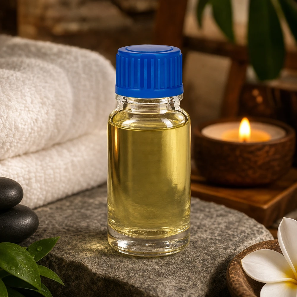 Flacon de 10ml 11mm SV bleu STD ClearLine UT18/10 Flacon en verre transparent de 10 ml ClearLine UT18/10 avec bouchon bleu, posé sur une pierre naturelle accompagnée de pierres de massage et d'une bougie