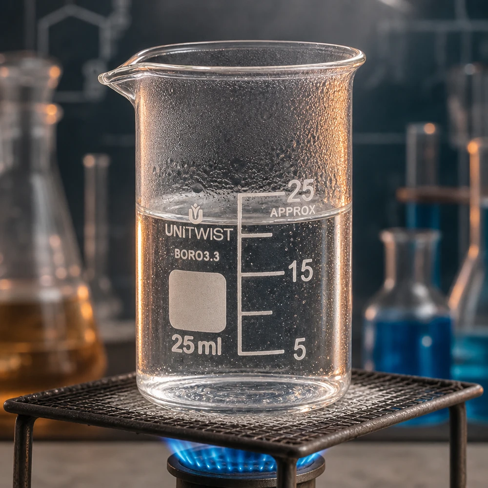 Bicchiere 25ml in borosilicato, a basso stampo UNiTWIST Riscaldare in laboratorio il bicchierino UNiTWIST da 25 ml in borosilicato 3.3 su un bruciatore a gas con rete metallica