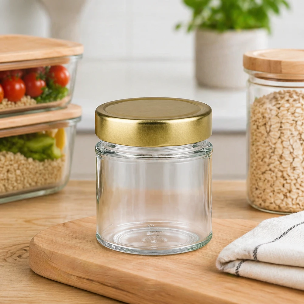 Barattolo rotondo da 154 ml con coperchio dorato, vuoto su una tavola di legno in una cucina moderna con barattoli di stoccaggio