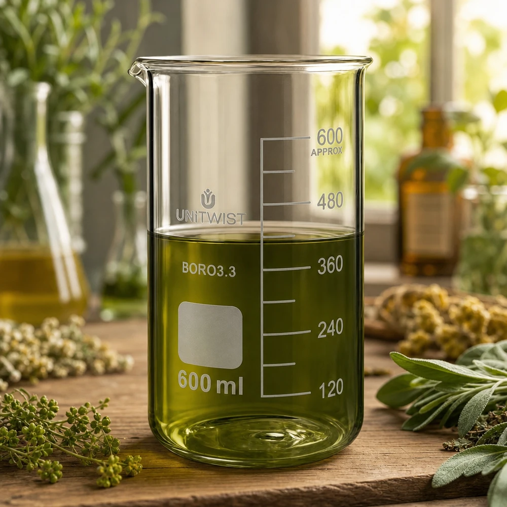Bicchiere 600ml borosilicato, stampo alto UNITWIST UNITWIST Bicchiere di vetro da 600 ml, forma alta, con estratto di erbe verde circondato da erbe medicinali fresche
