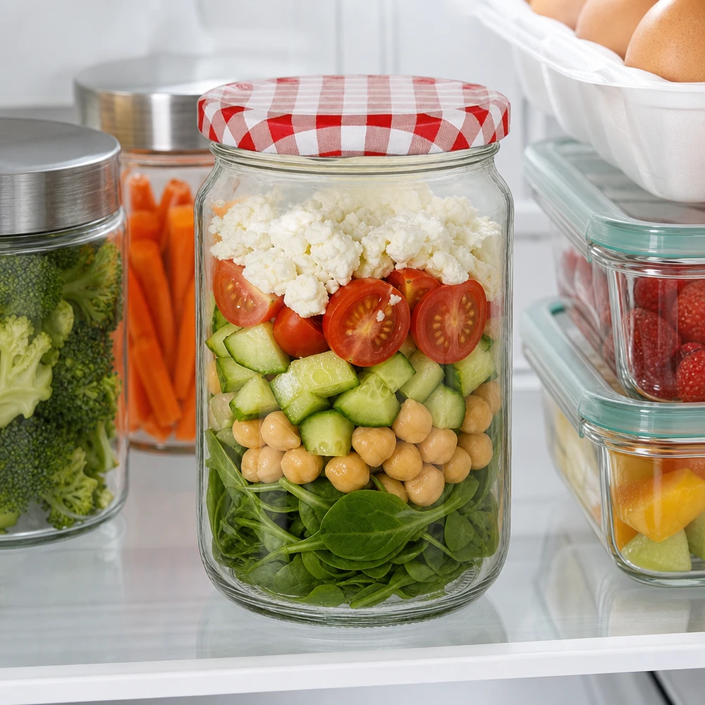 Barattolo rotondo da 795 ml con coperchio BasicSeal come contenitore per la preparazione dei pasti con insalata, ceci e feta in frigorifero