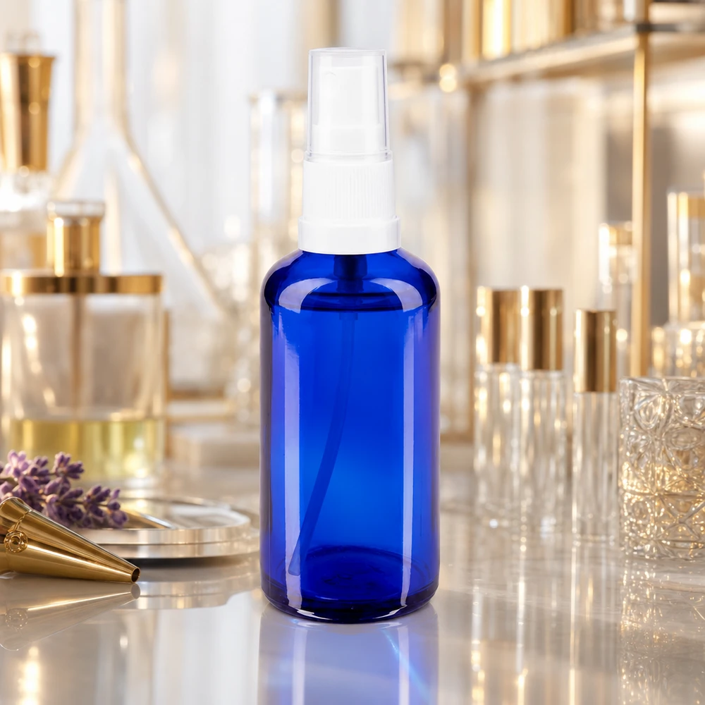 50ml Rundschulterflasche blaues Apothekerglas weißer Sprühkopf in goldenem Kosmetikumfeld