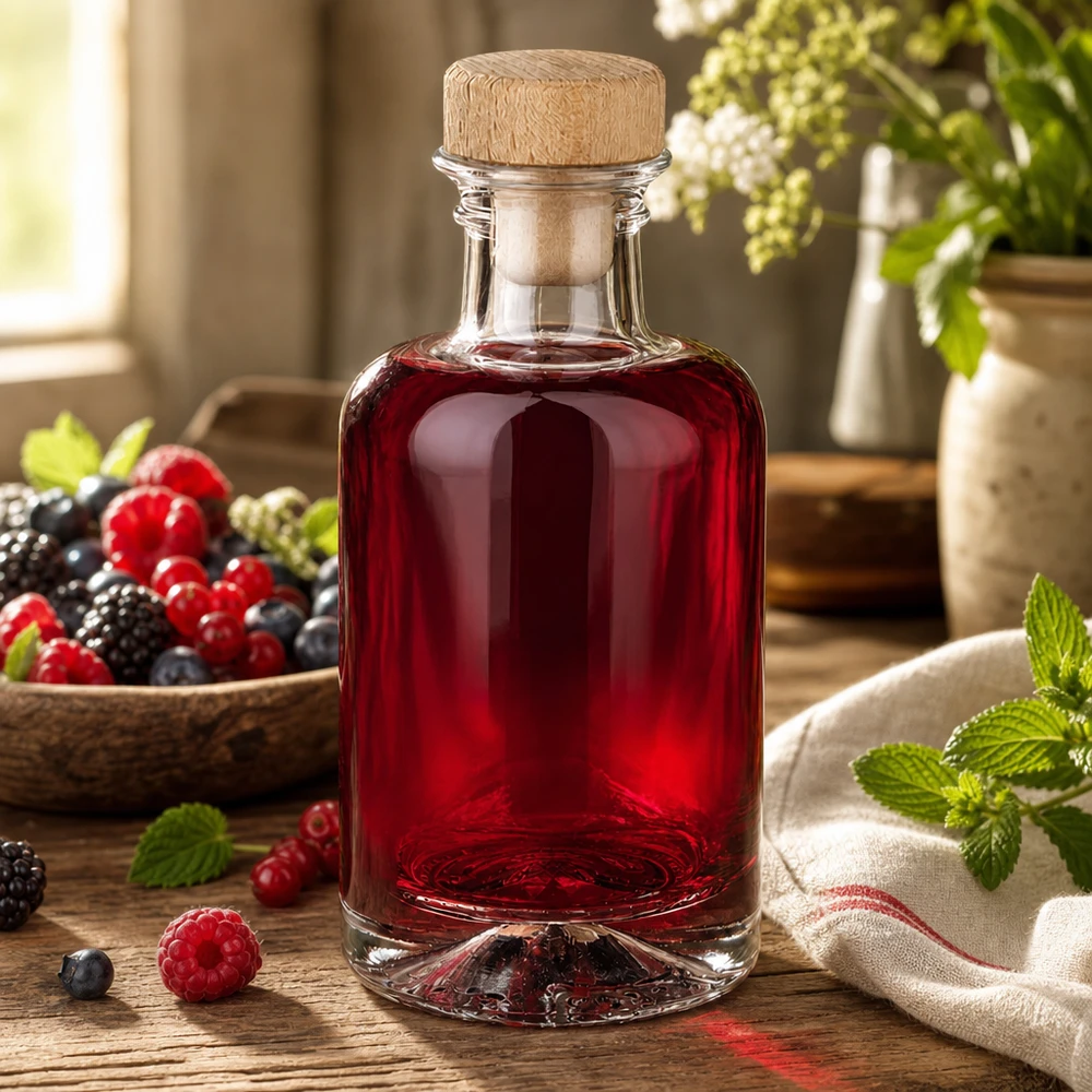 Flacone farmaceutico da 100 ml Sofia con tappo in sughero con impugnatura in legno UNiTWIST® 100ml Glasflasche Sofia mit Holzkorken gefüllt mit Beerenlikör zwischen frischen Beeren und Minze warme Küchenstimmung