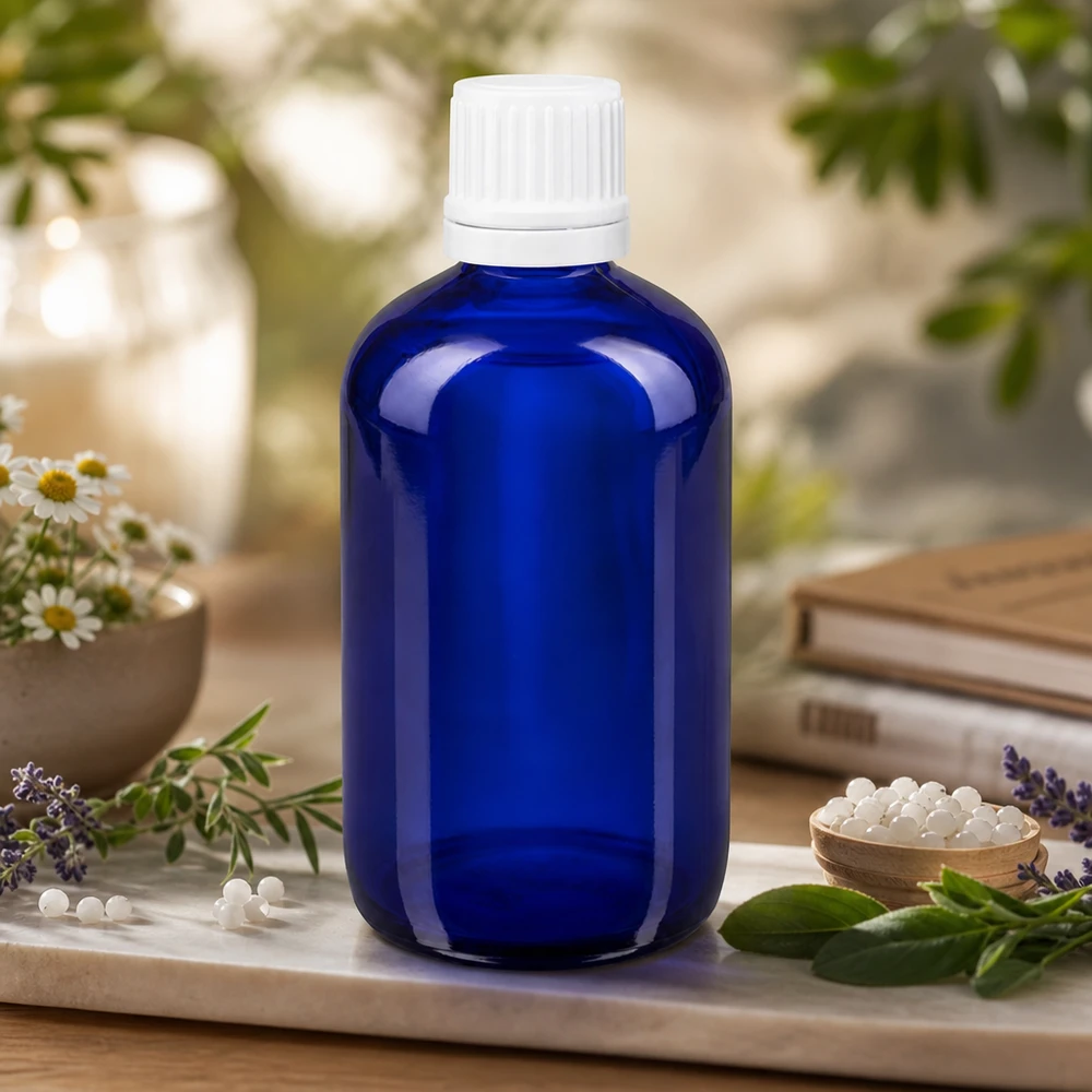 Flacon compte-gouttes de pharmacie bleu cobalt de 100 ml, muni d'un bouchon de sécurité blanc pour enfants, parmi des plantes médicinales