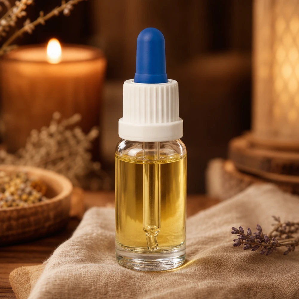 Flacon à pipette 10ml blanc/bleu OV ClearL. UT18/10 Flacon compte-gouttes pour aromathérapie de 10 ml en verre transparent avec une boule en caoutchouc bleue, à côté d'une bougie et d'herbes aromatiques