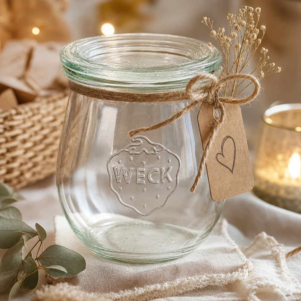 Bocal en forme de tulipe de 220 ml avec couvercle en verre WECK RR60 WECK Tulpenglas 220ml RR60 dekorativ mit Juteschnur Kraftpapier-Anhänger und getrockneten Blumen als Geschenkidee