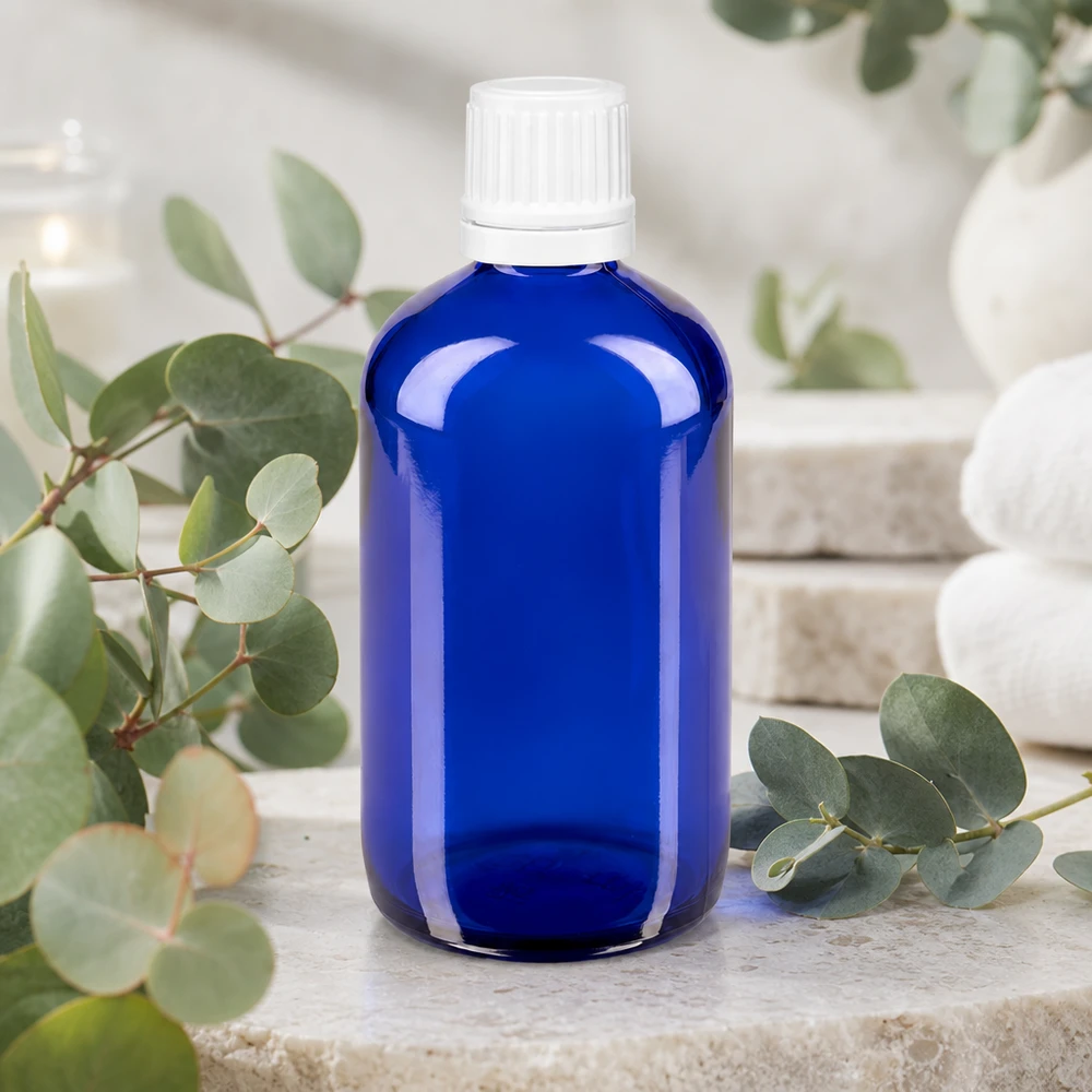Apothekenflasche blau 100ml Schraubverschluss weiß Originalitätsverschluss Lichtschutzflasche blau 100ml Borosilikatglas mit Schraubverschluss für Naturheilmittel und Öle