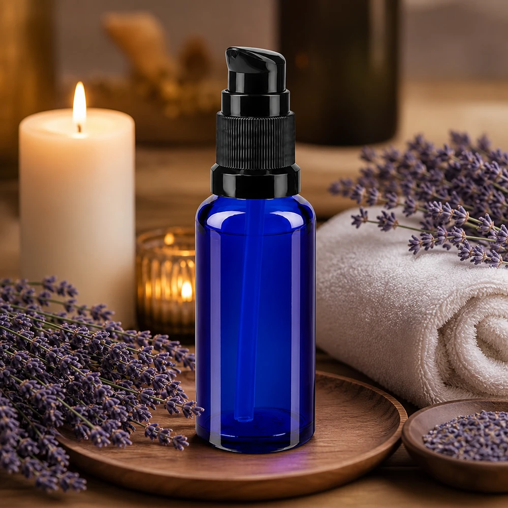 Dunkelblaues Apothekerflacon 30ml mit präziser Schwarzpumpe für Hautpflegeprodukte