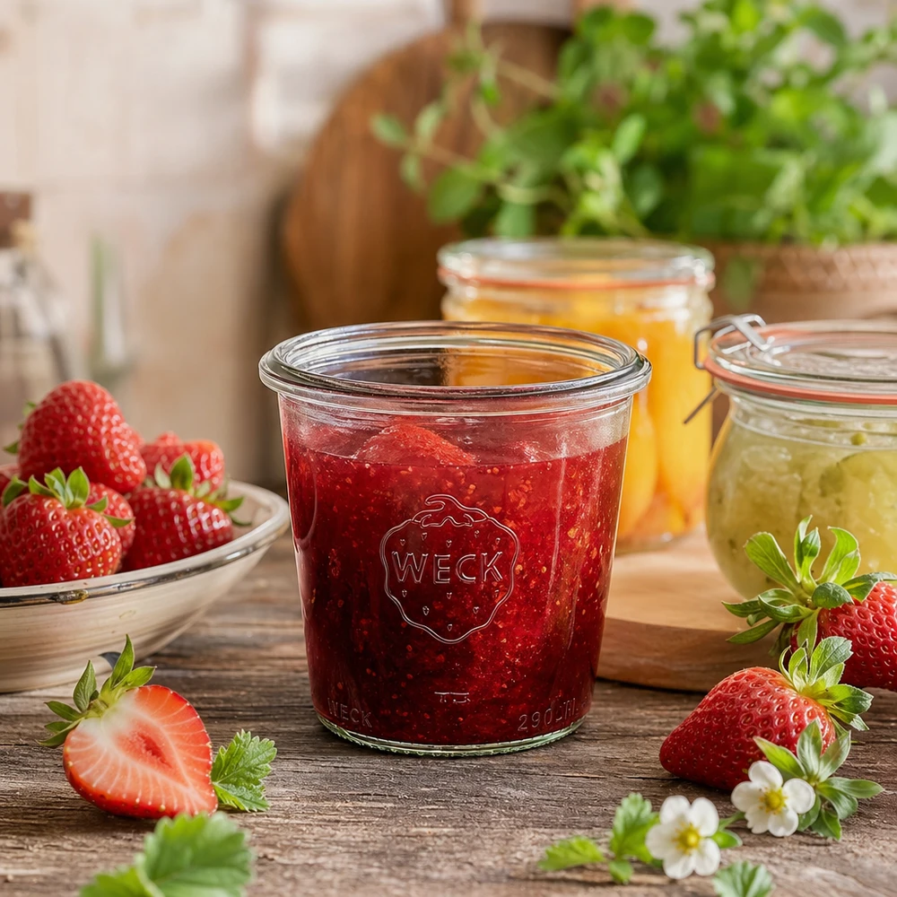 Vaso di vetro alto da 290 ml WECK RR80 Barattolo WECK RR80 da 290 ml pieno di marmellata di fragole accanto a fragole fresche su tavolo di legno cucina rustica