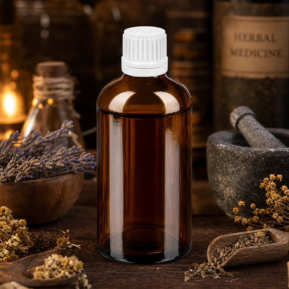 Flacone ricaricabile da 100 ml in vetro ambrato con tappo bianco per un uso sostenibile