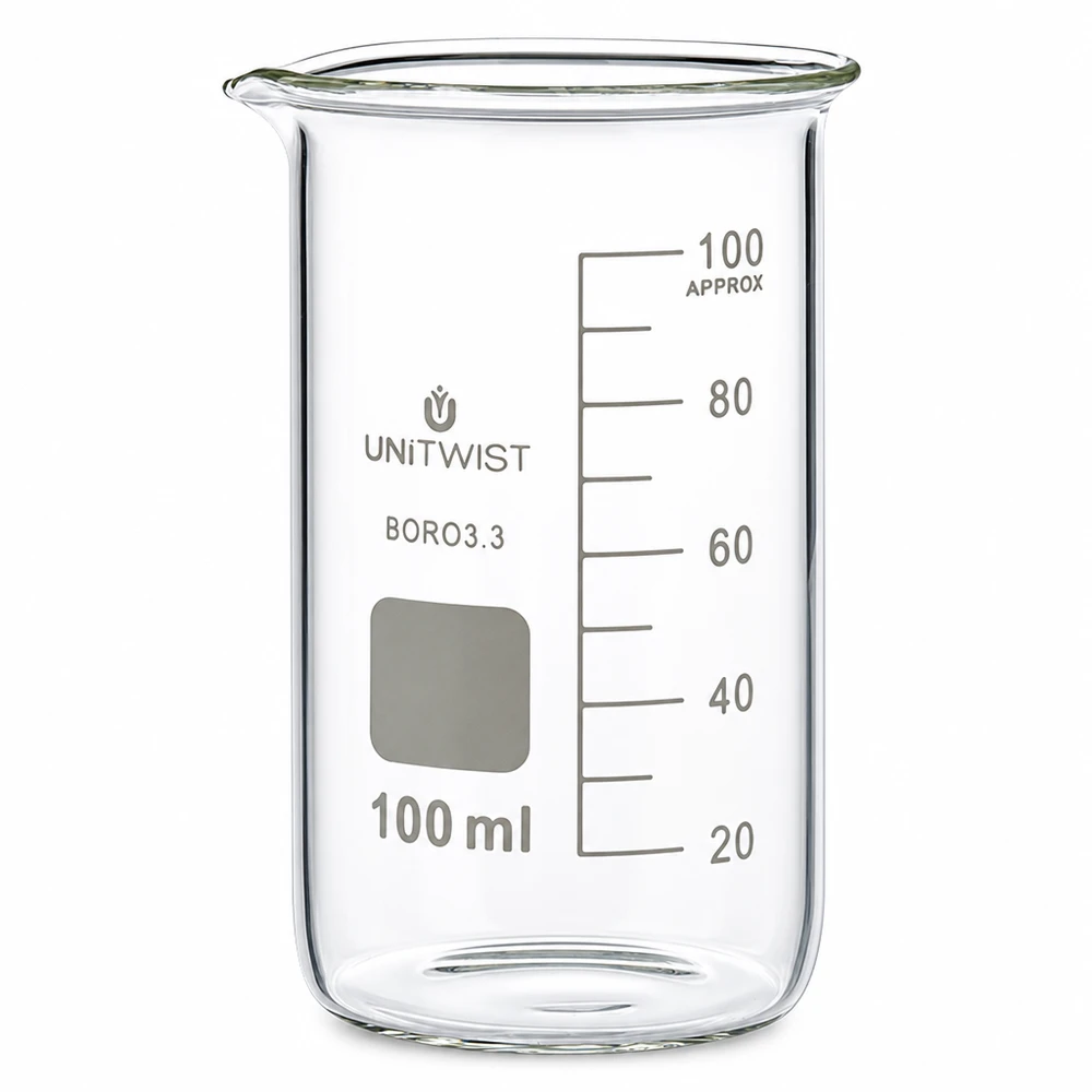 Bicchiere da 100 ml in borosilicato, forma alta UNITWIST Bicchiere da laboratorio da 100 ml, forma alta, in vetro borosilicato trasparente con scala graduata in millilitri di UNITWIST