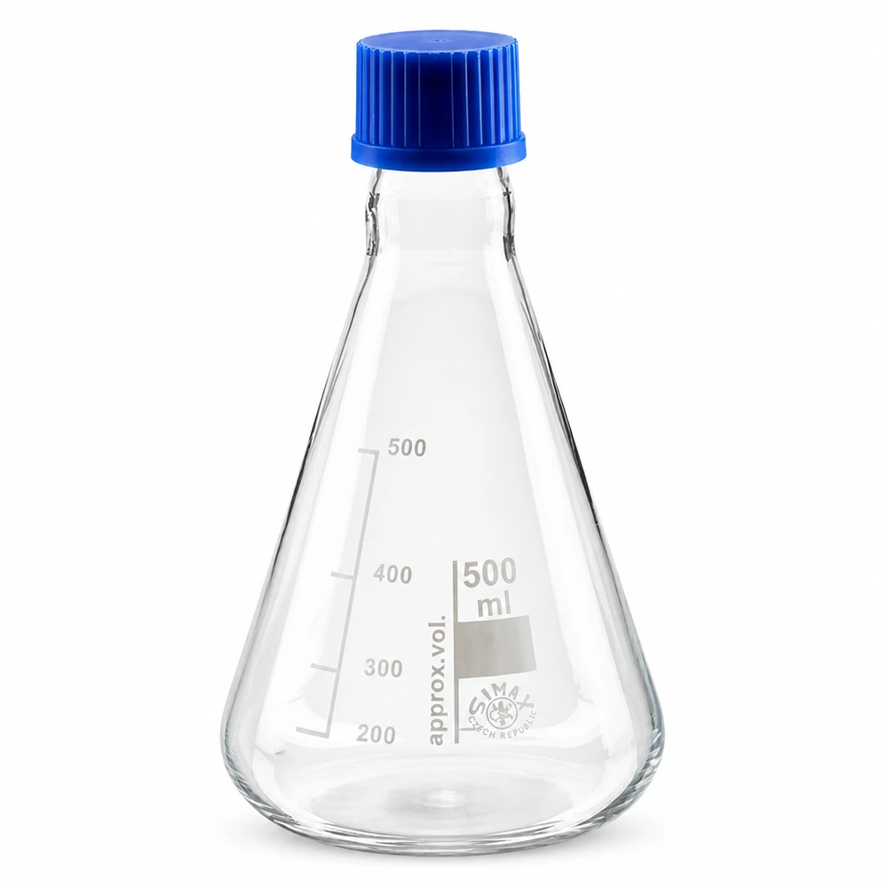 Erlenmeyer 500 ml col étroit, verre borosilicate avec filetage et bouchon Fiole graduée de 500 ml avec échelle en millilitres et capuchon en plastique bleu