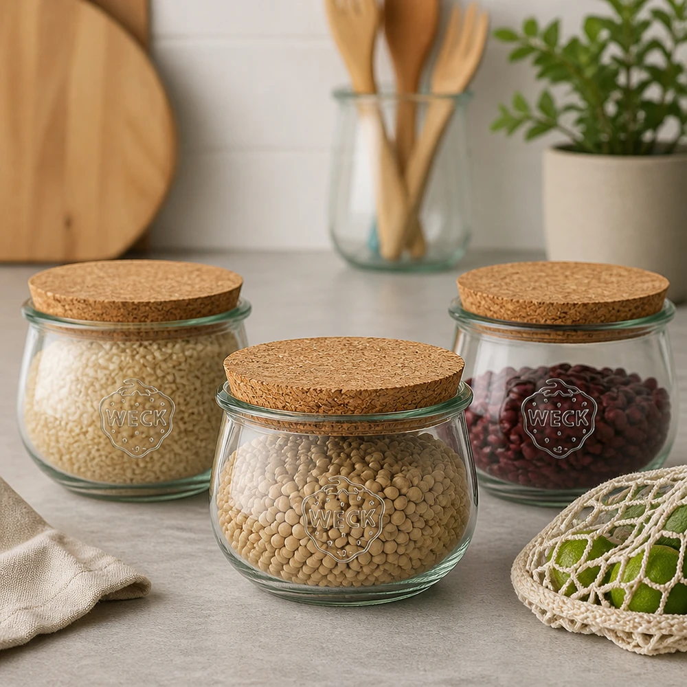 Vaso a tulipano da 580 ml WECK RR100 con tappo in sughero naturale Barattoli WECK a tulipano RR100 580ml con coperchio in sughero come barattoli per la conservazione di legumi e cereali in cucina