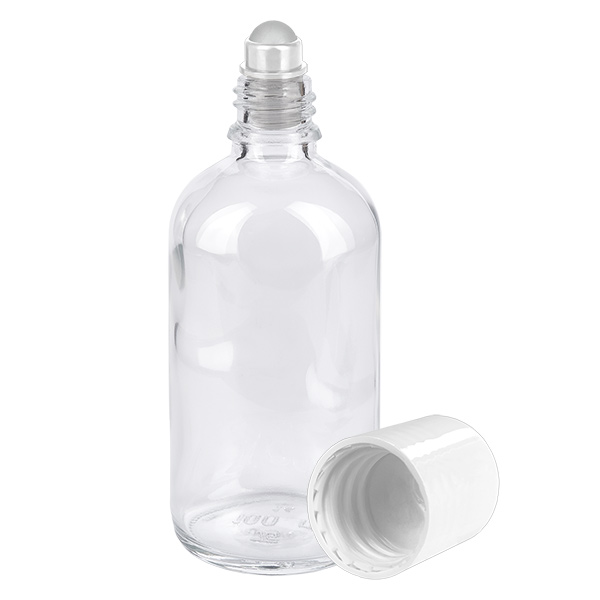 Flacone Roll-On da 100 ml bianco STD ClearLine UT18/100 Flacone in vetro da 100 ml con applicatore a sfera e tappo a vite bianco ClearLine UT18/100
