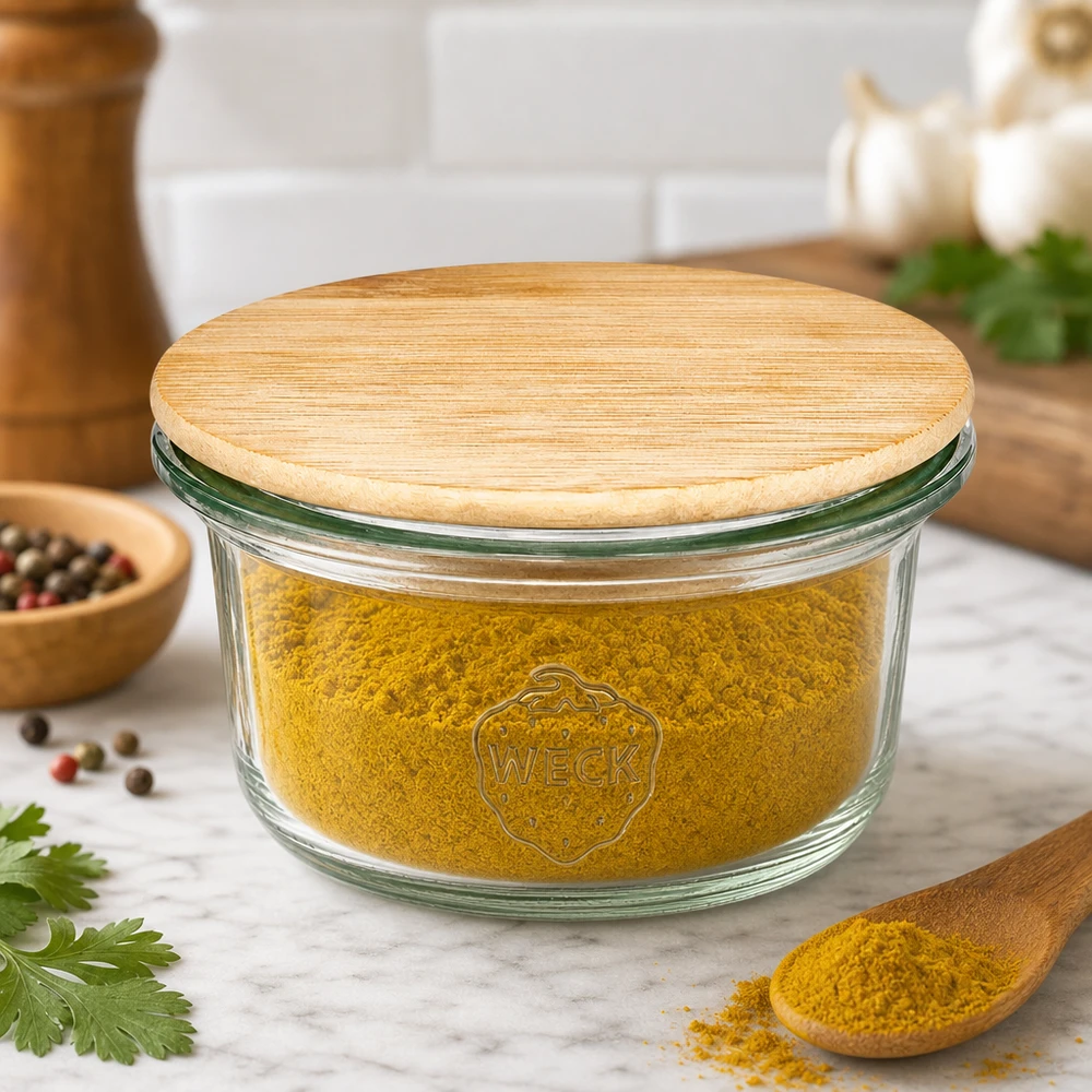 WECK mini mason jar 50ml con coperchio in legno riempito con polvere di spezie gialla in cucina moderna con erbe aromatiche