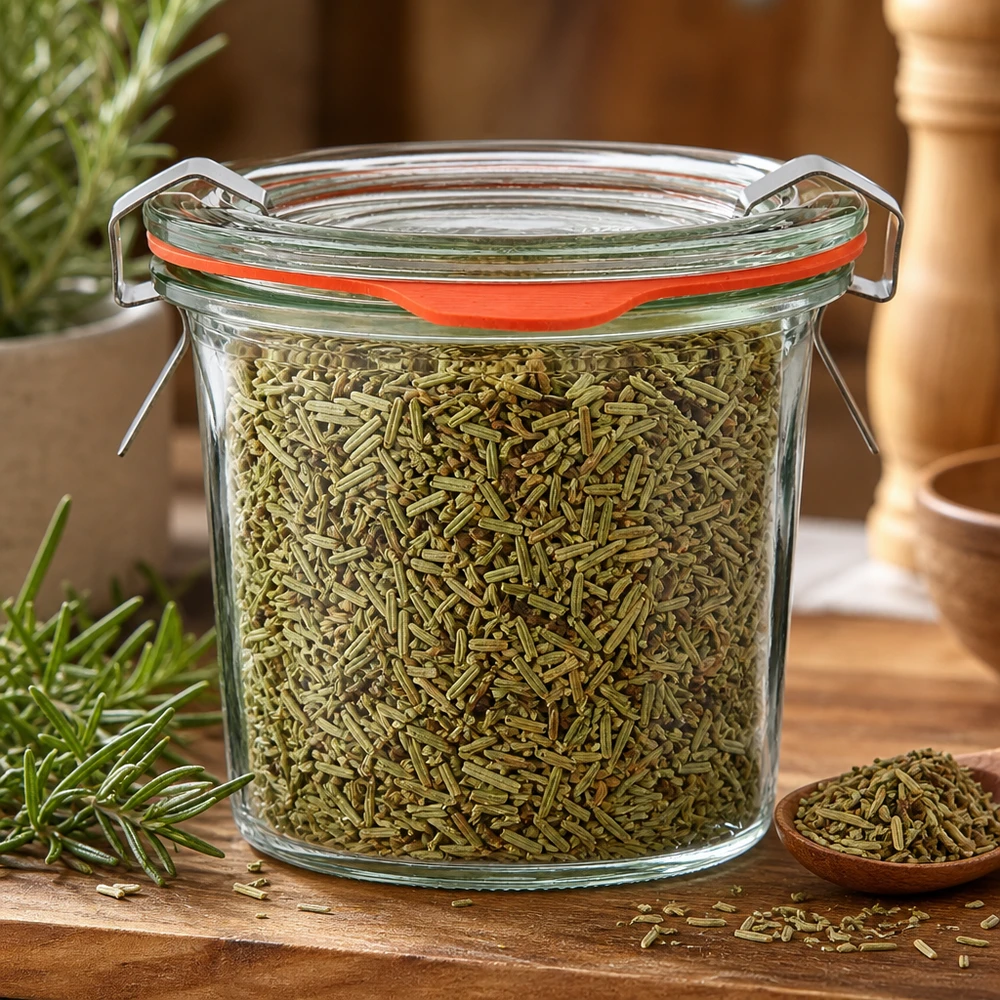 Vaso di vetro WECK da 140 ml riempito di erbe essiccate, con un cucchiaio di legno accanto su un supporto di legno