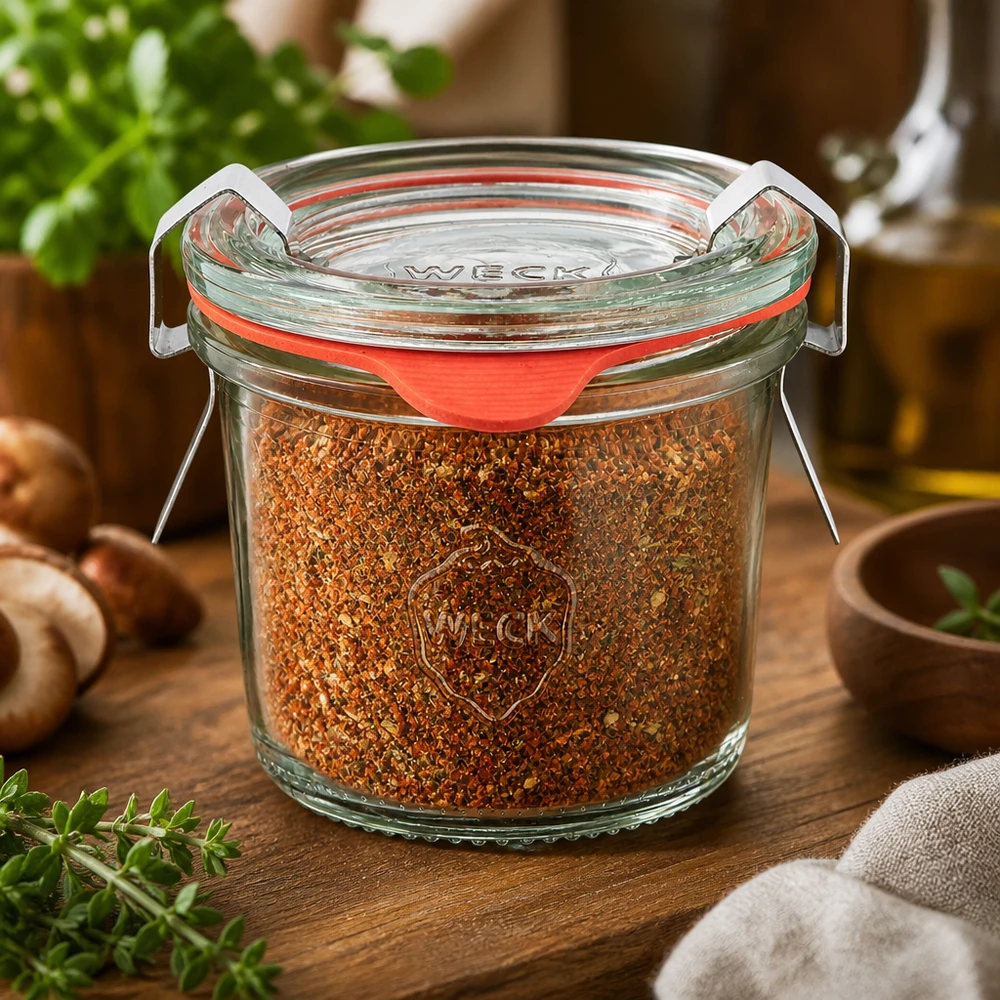 Vasetto WECK compatto da 80 ml, riempito con un aromatico mix di spezie per barbecue, tra gli ingredienti da cucina
