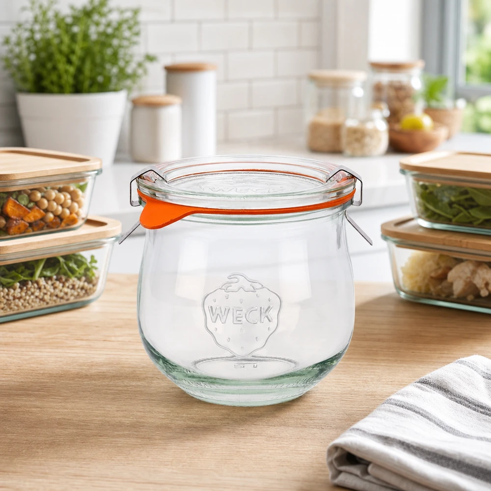Vaso a tulipano da 370 ml completo WECK RR80 Vaso a tulipano WECK 370ml RR80 con piano oscillante su piano di lavoro in legno in cucina moderna tra ciotole in vetro