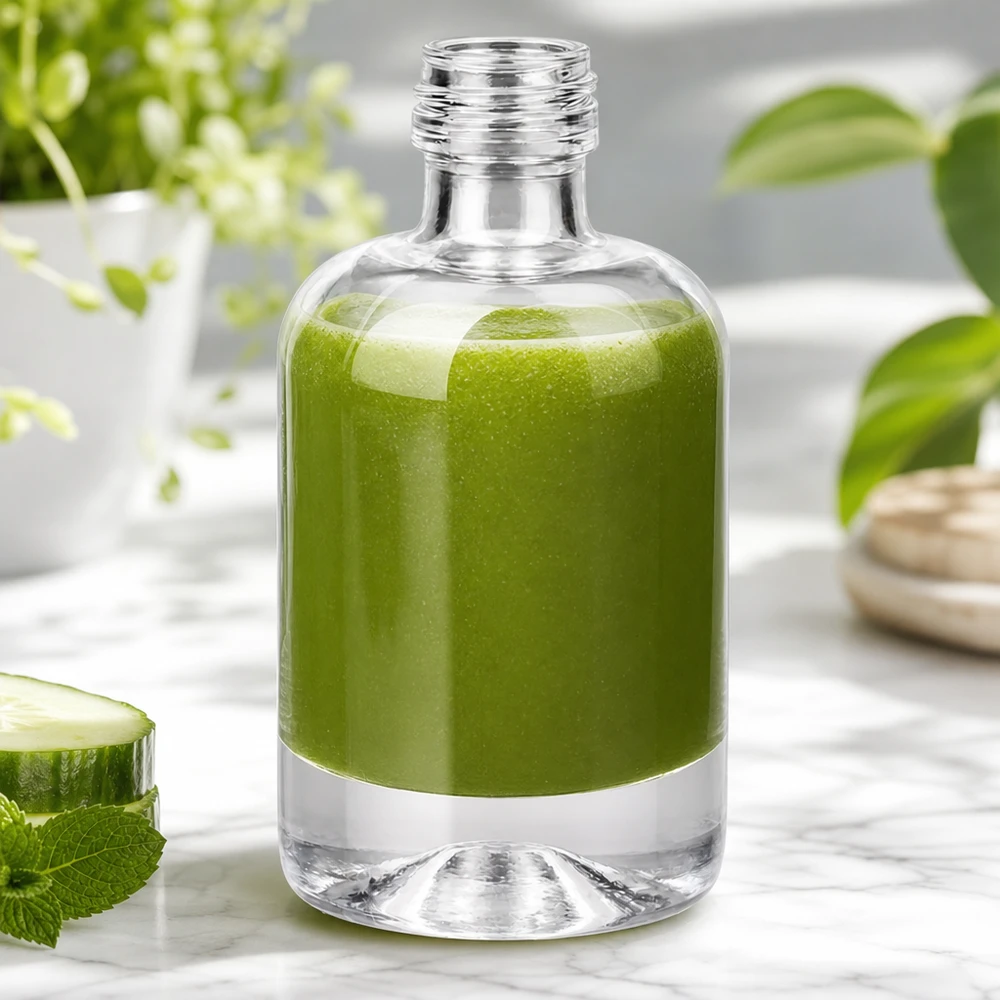 Bottiglia di vetro da 40 ml Sara riempita di frullato verde accanto a cetriolo e menta mostra l'applicazione cosmetica naturale