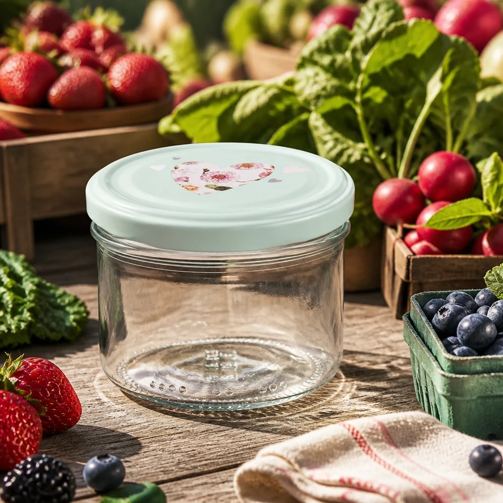 230ml Zylinderglas + BasicSeal Deckel Herz mint 230ml Zylinderglas mit BasicSeal Deckel Herz mint zwischen frischen Beeren Radieschen und Blaubeeren auf Holztisch