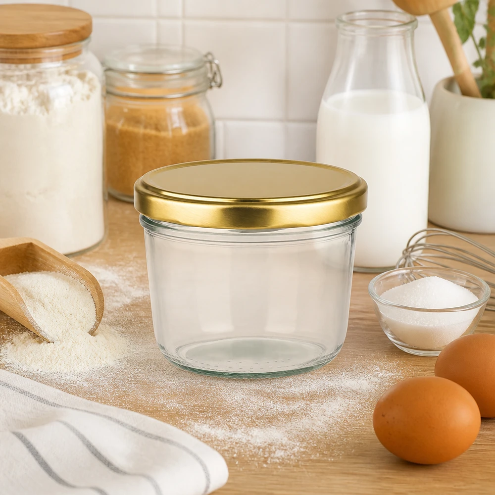 Barattolo di vetro da 230 ml con coperchio dorato in cucina tra gli ingredienti da forno come farina, latte e uova su una tavola di legno