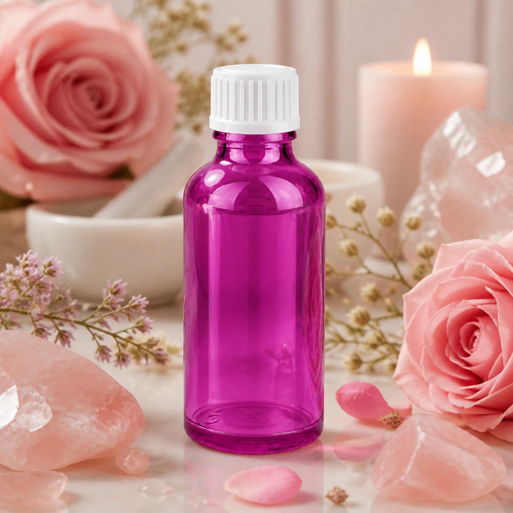 Flacone in vetro viola da 50 ml con coperchio bianco perfetto per la cura della pelle e gli oli essenziali