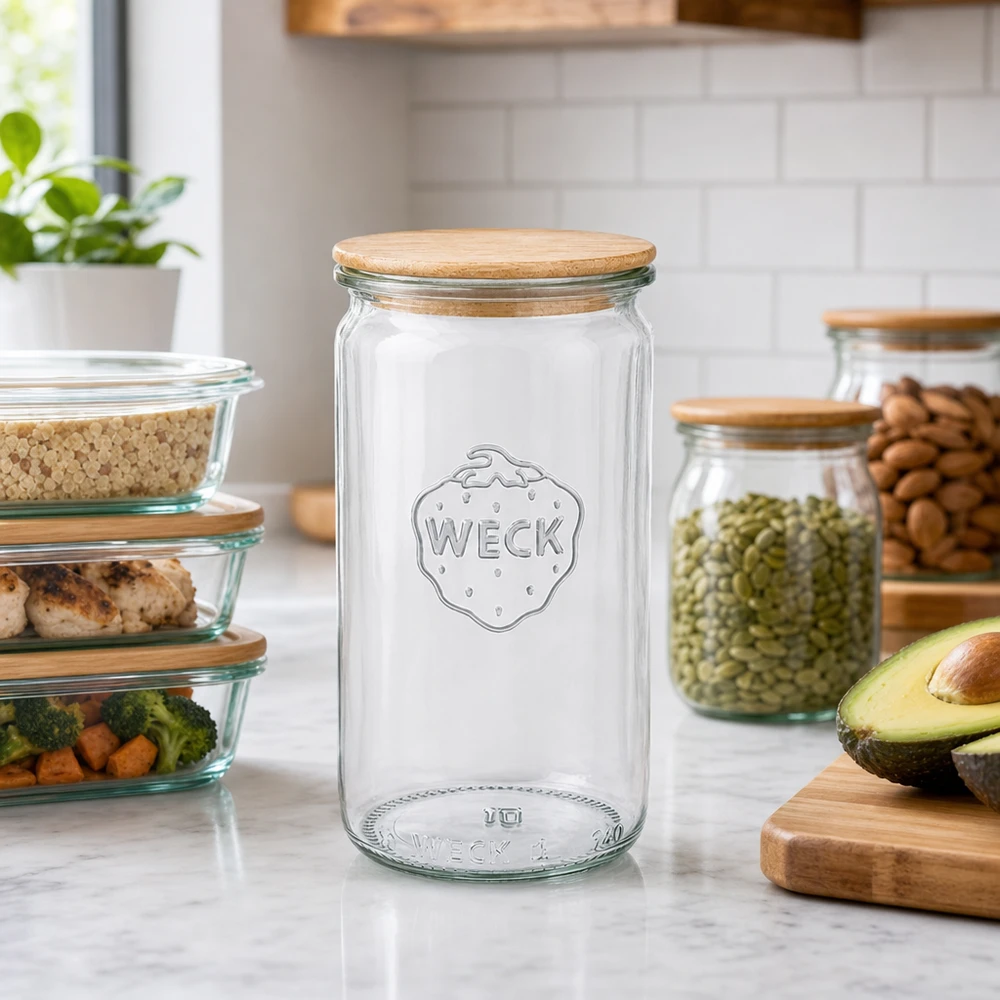 340ml Zylinderglas WECK RR60 mit Holzdeckel WECK Zylinderglas 340ml RR60 mit Holzdeckel in Küchenambiente neben Meal-Prep-Behältern und Vorratsdosen