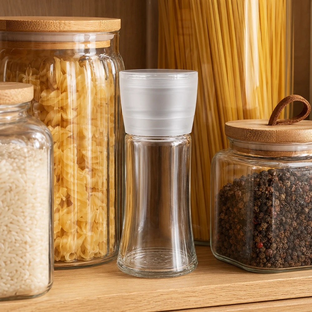 Pot à sel/épices 95 ml avec moulin Vario blanc Nachfüllbare Mühle 95ml für Salz und Gewürze mit weissem Aufsatz zwischen Pasta und Pfeffer