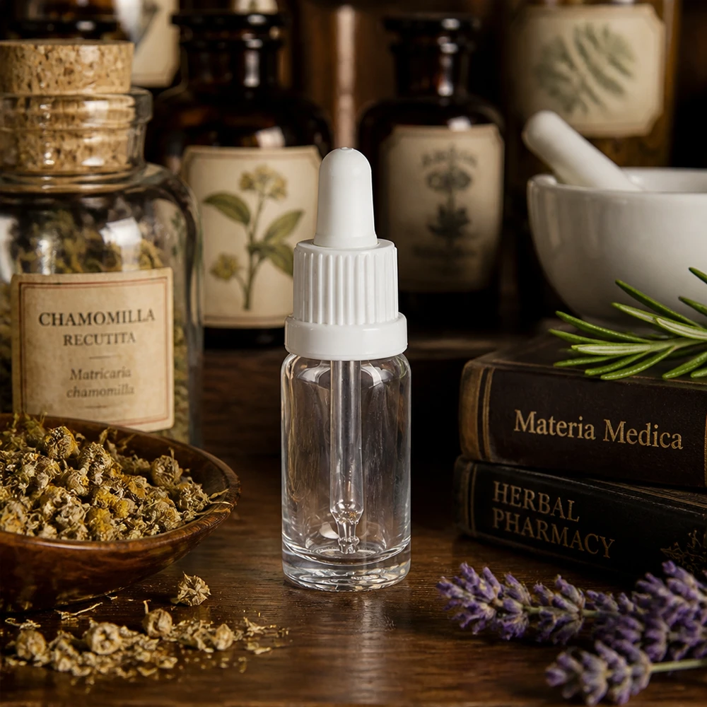 10ml Pipettenflasche weiß Originalitätsverschluss ClearLine UT18/10 Serumflasche 10ml Klarglas mit weißem Kindersicherheitsverschluss in naturheilkundlichem Setting