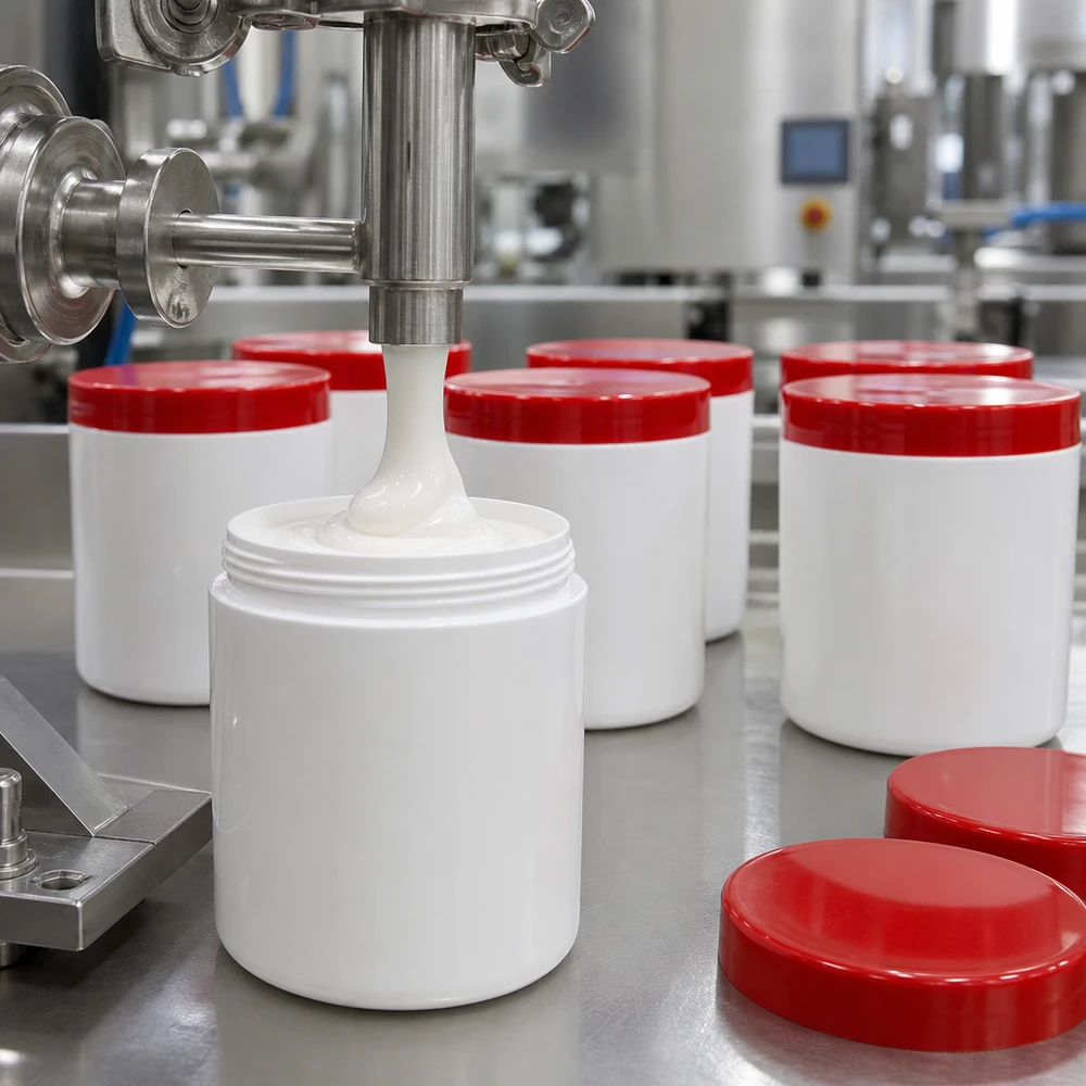 Pot à onguent blanc 50 g avec couvercle rouge (PP) Production en chaîne de crèmes pharmaceutiques conditionnées dans des pots en plastique blancs de 50 g avec un couvercle rouge
