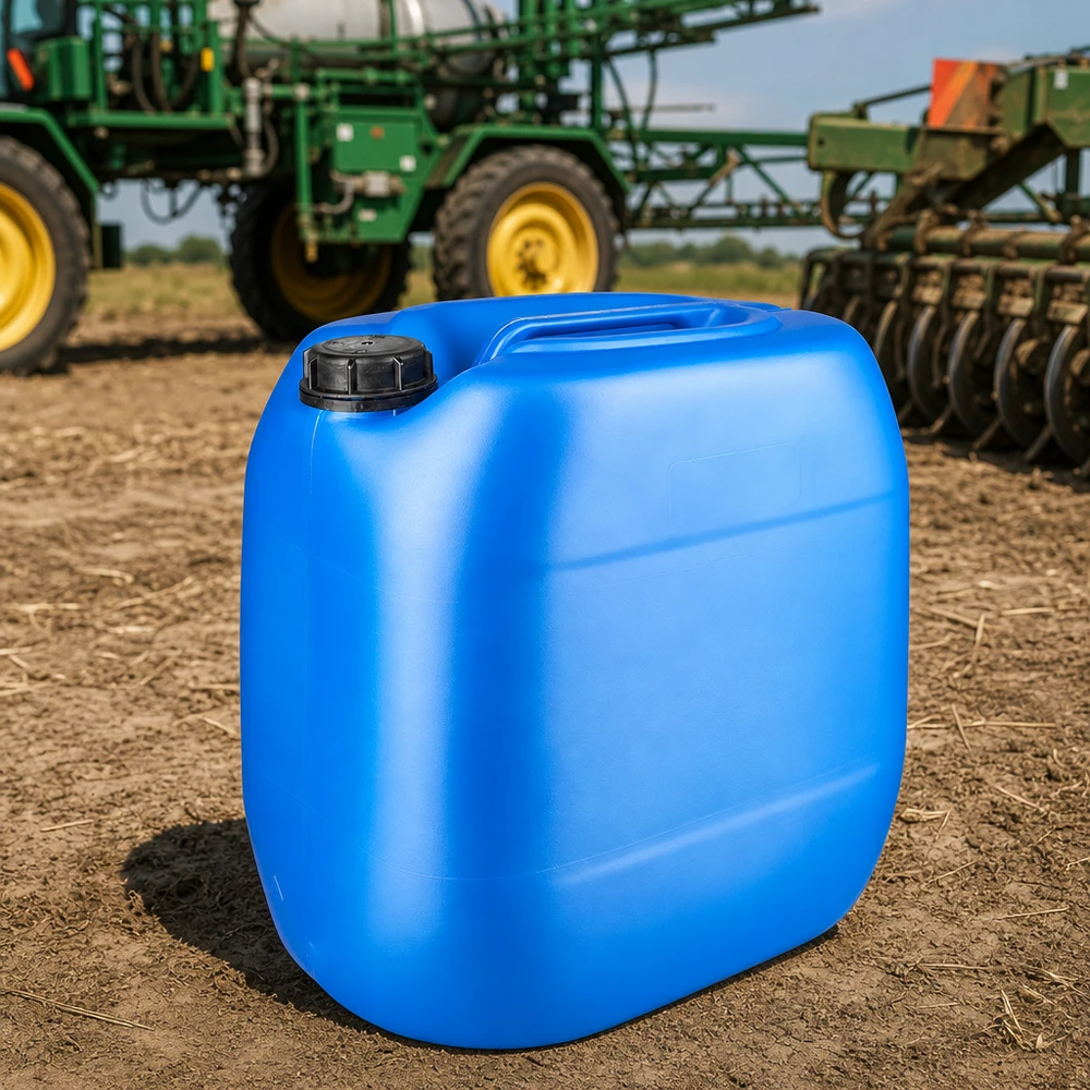 Kanister 30 Liter blau mit Schraubverschluss Originalitätsverschluss Blauer PE-Kanister 30 Liter mit OV-Verschluss für Agrarbetrieb neben Bodenbearbeitungsmaschine