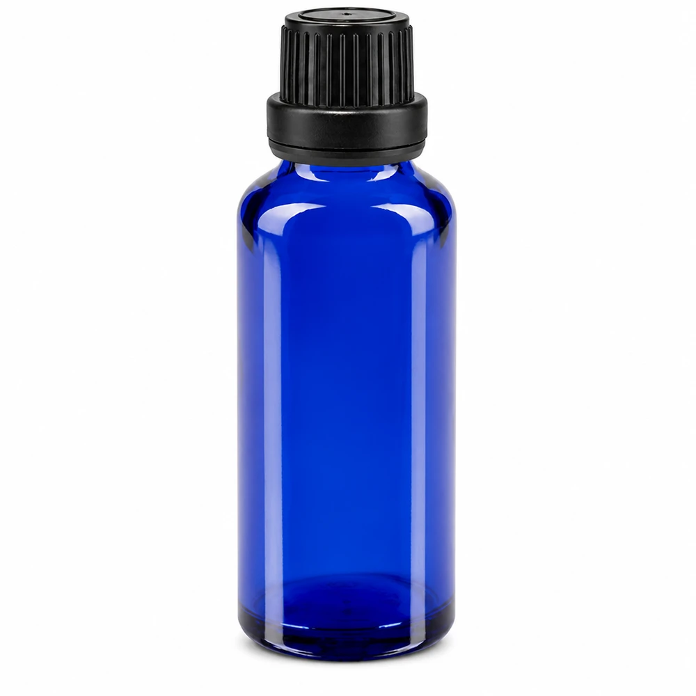 Flacon de pharmacie bleu 30ml bouchon compte-gouttes 2mm noir bouchon inviolabilité Flacon de pharmacie en verre bleu de 30 ml, muni d'un bouchon d'inviolabilité noir et d'un compte-gouttes de 2 mm
