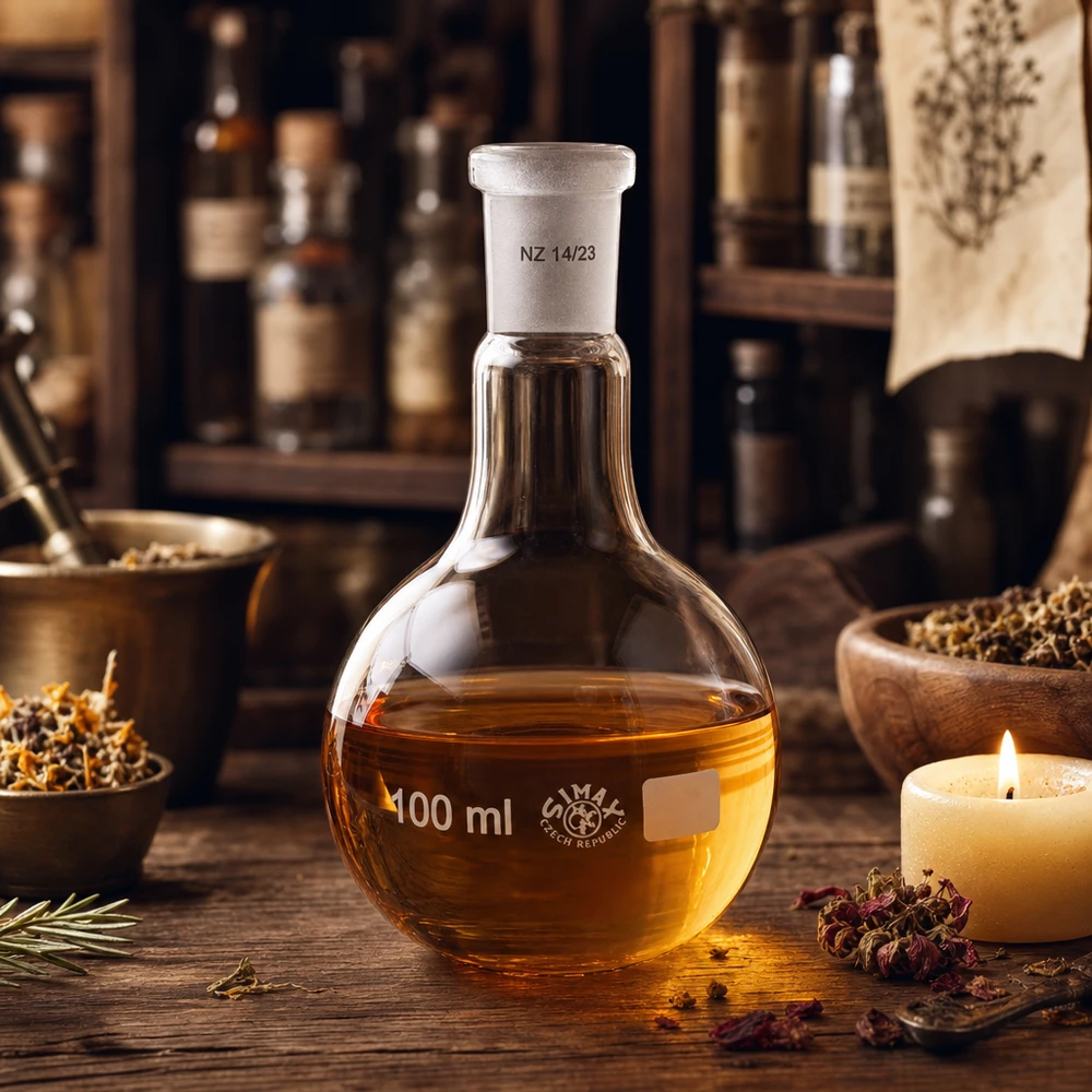 Stehkolben 100ml mit Normschliff (14/23) Reaktionskolben 100ml mit bernsteinfarbigem Inhalt und standardisiertem Schliff 14/23