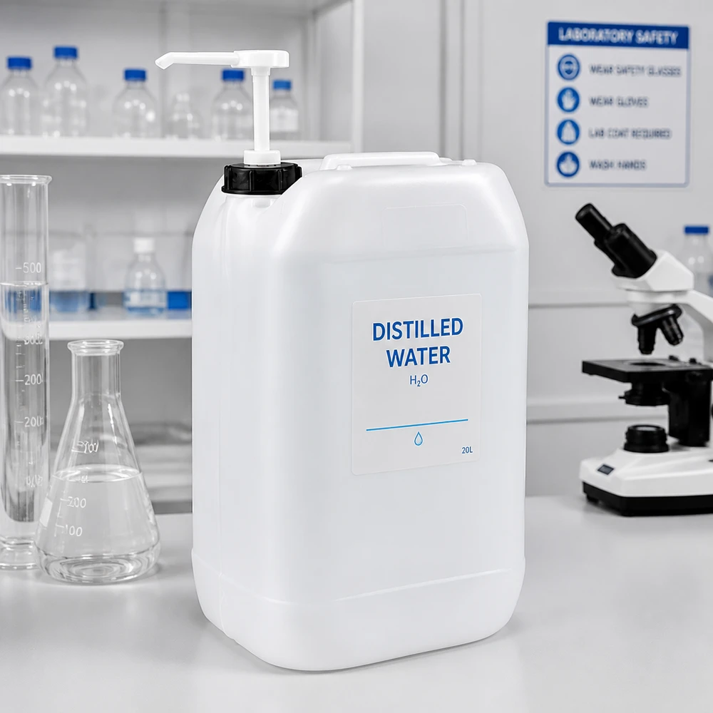 Jerrican de 15 litres avec pompe doseuse Bidon de 15 litres équipé d'une pompe doseuse, dans un environnement de laboratoire, à côté d'un microscope et d'un flacon d'Erlenmeyer