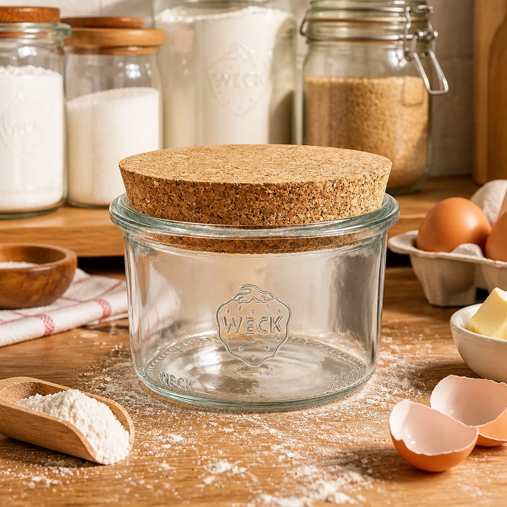 200ml bocal conique WECK RR80 avec bouchon nature WECK Pot renversé 200ml RR80 avec couvercle en liège sur plan de travail en bois entouré d'ingrédients de cuisson farine œufs et beurre