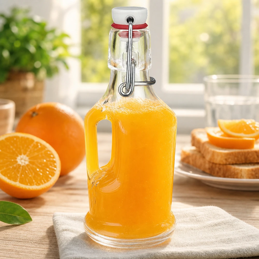 Bottiglia di vetro UNiTW Bertha 200ml riempita di succo d'arancia accanto ad arance fresche e toast scena di colazione swing top