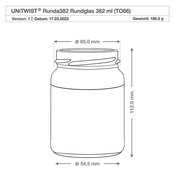 UNiTWIST Runda382 - Barattolo rotondo capacità 382ml TO66 UNiTWIST Runda382 vetro rotondo 382ml TO66 disegno tecnico con dimensioni Diametro 65mm Altezza 112mm Peso 185g