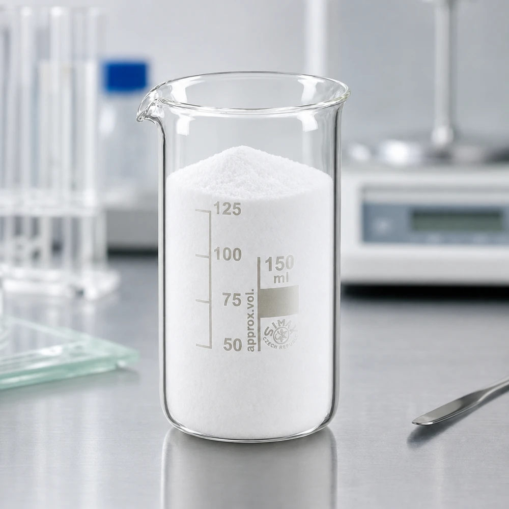 Bicchiere in vetro borosilicato da 150 ml, forma alta Bicchiere da laboratorio da 150 ml, modello alto, riempito di polvere bianca su un piano di lavoro da laboratorio in acciaio inossidabile