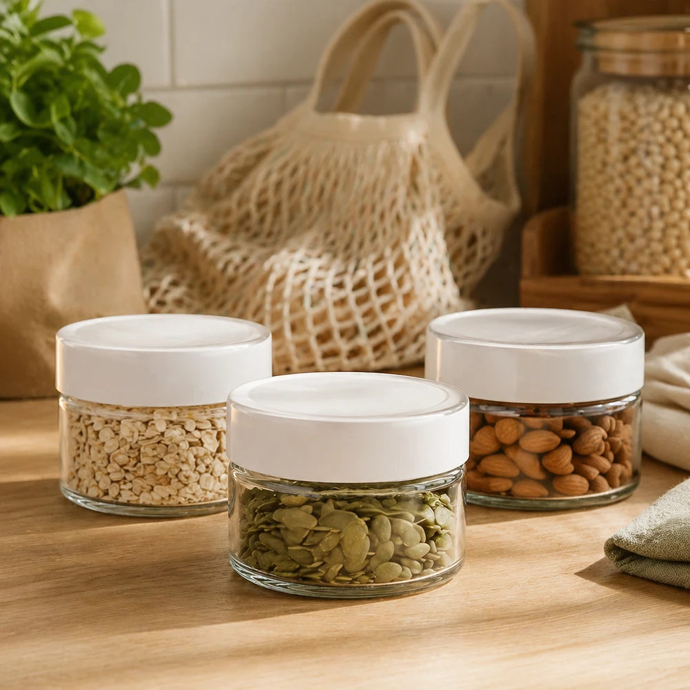 Set di barattoli rotondi bianchi BasicSeal da 130 ml pieni di noci e semi - barattoli di vetro per la conservazione degli alimenti in cucina