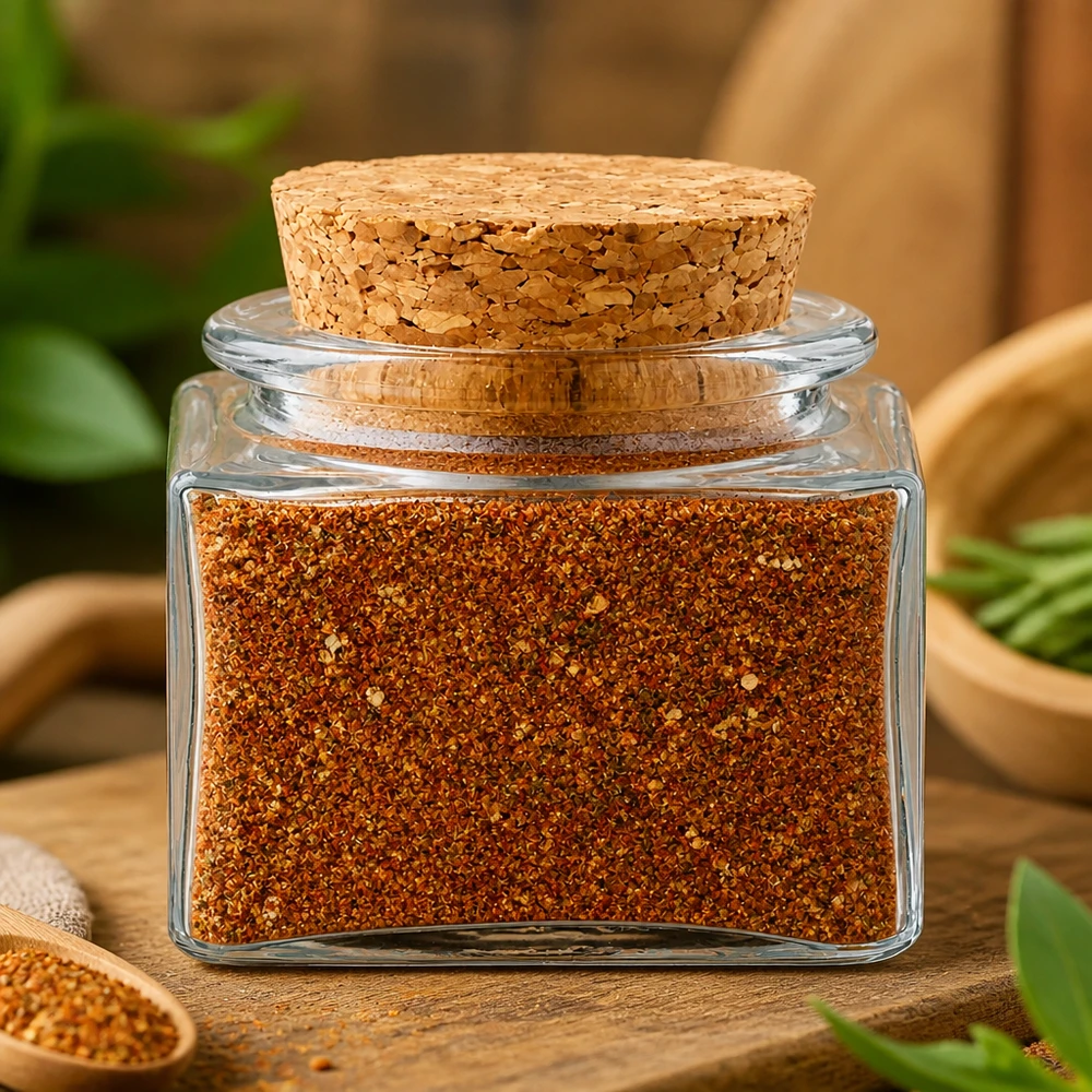 Vasetto trasparente da 40 ml con tappo in sughero naturale e miscela di spezie per barbecue color arancione-marrone in stile boho