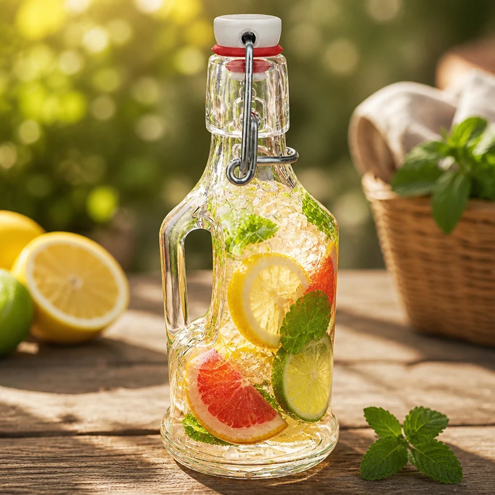 Bottiglia in vetro da 200 ml Bertha con tappo a clip in PVC UNiTWIST® Bottiglia in vetro da 200 ml Bertha con infuso di limone e pompelmo, menta, tappo a battente UNiTWIST, ambiente esterno