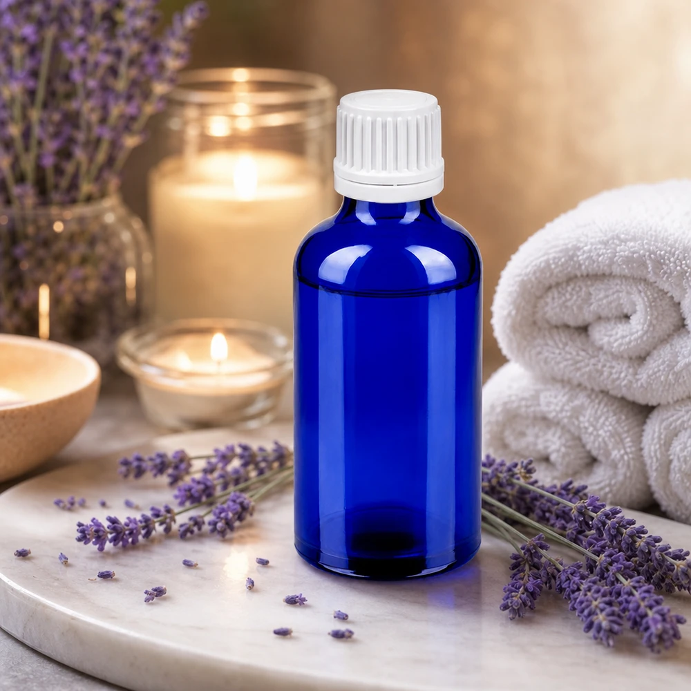 Flacone piccolo in vetro blu da 50 ml con tappo antimanomissione per una conservazione sicura