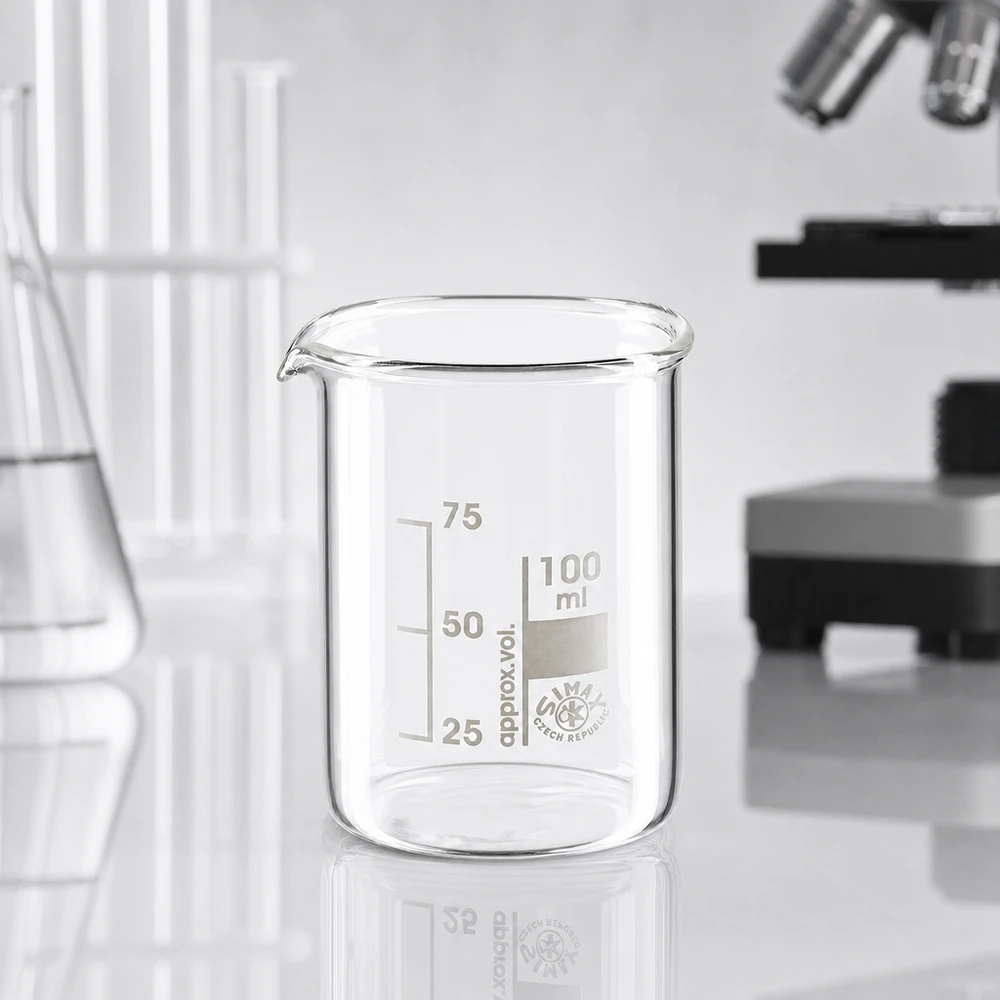 Becher 100ml in vetro borosilicato, forma bassa Bicchiere trasparente 100ml a basso stampo in vetro borosilicato per applicazioni chimiche in laboratorio