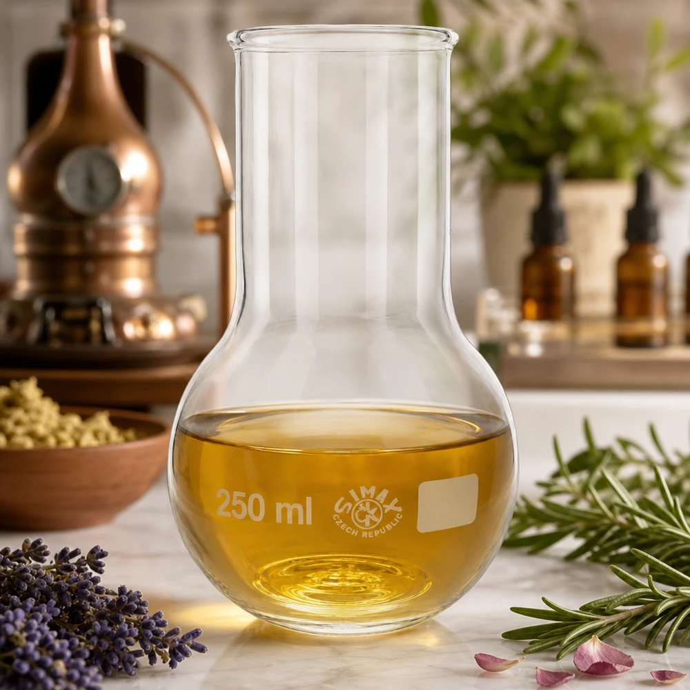 Fiaschetta in vetro 250ml a collo largo con oli essenziali circondati da lavanda e rosmarino