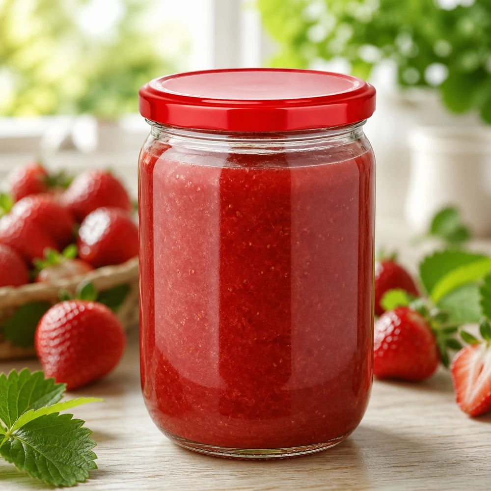555ml Rundglas + BasicSeal Deckel rot UNiTWIST Selbstgemachte Erdbeermarmelade im 555ml UNiTWIST Rundglas mit rotem Twist-off Deckel vor Erdbeeren