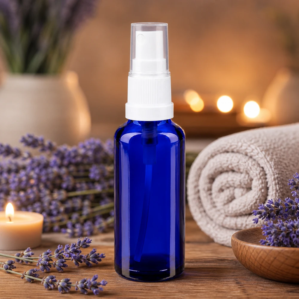 Apothekenflasche blau 30ml Sprayaufsatz weiß UV-geschützte 30ml Apotheker Sprayflasche blau mit transparenter Schutzkappe auf Holzoberfläche