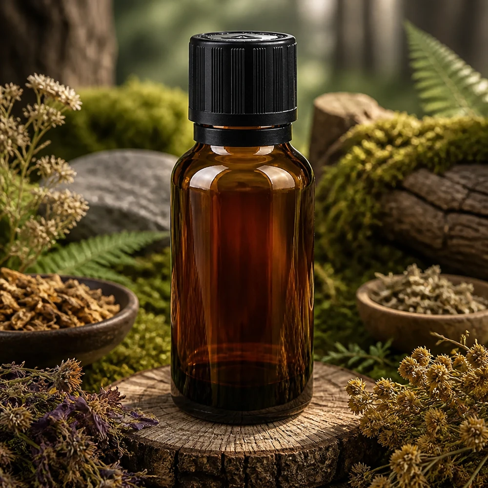 Apothekenflasche braun 20ml Tropfer Giessring 1mm schwarz Kindersicherung Blindenwarnsymbol Originalitätsverschluss Apotheken Braunglas 20ml mit Blindeinsatz und Originalverschluss auf Baumscheibe mit Moos