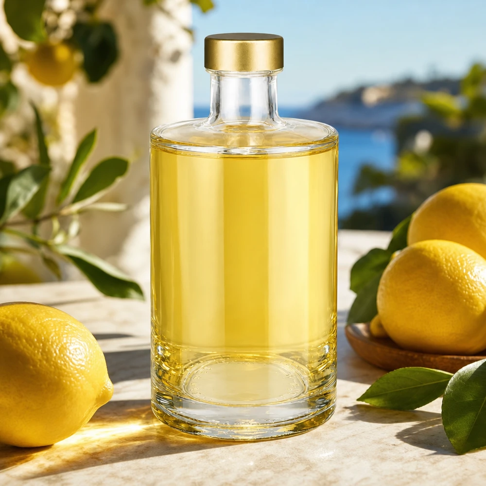 Bottiglia in vetro da 375 ml Sam con liquore agli agrumi tappo a vite dorato UNiTWIST limoncello ambiente mediterraneo