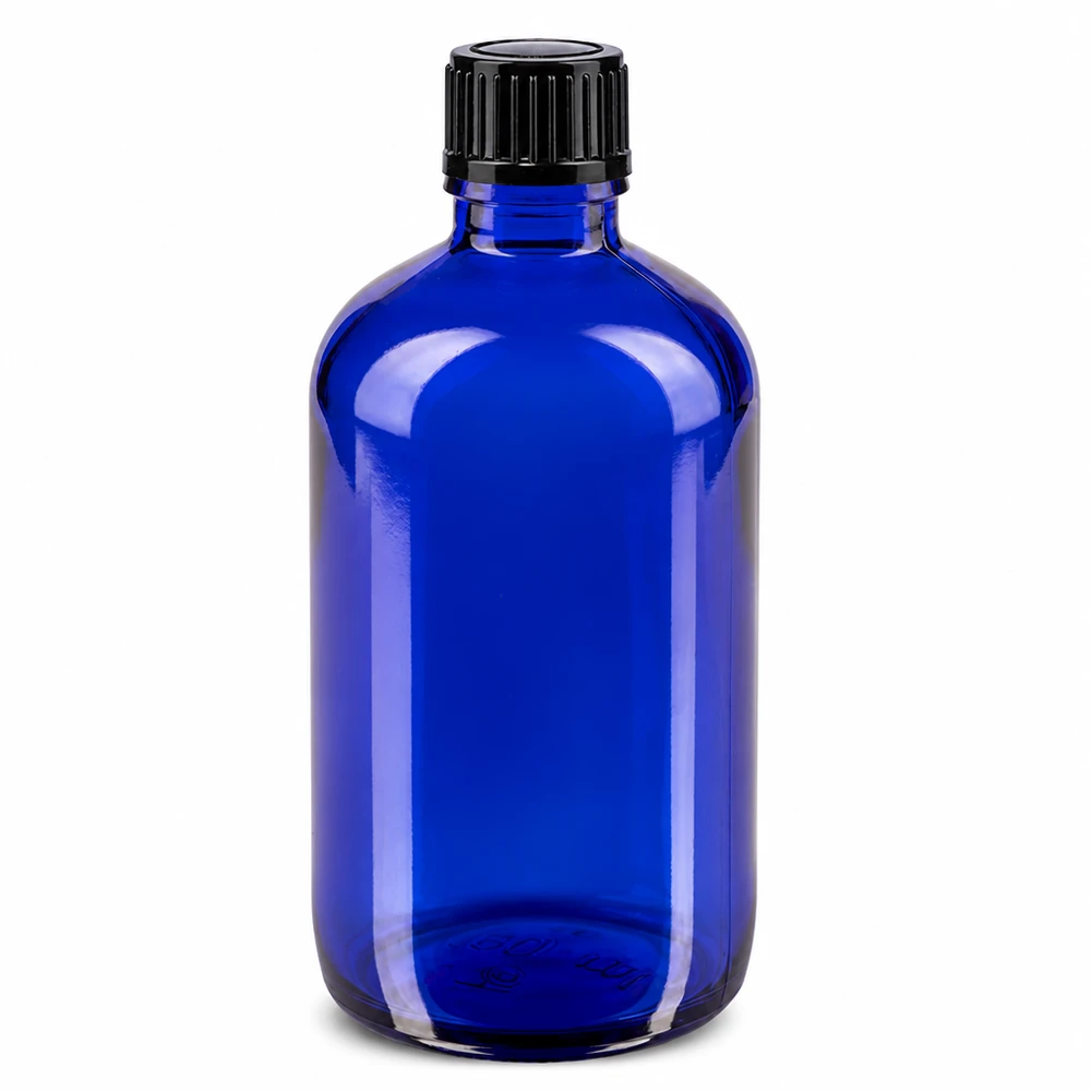 Flacon de pharmacie bleu 100ml bouchon compte-gouttes 1mm noir Std Flacon de pharmacie en verre bleu de 100 ml, muni d'un bouchon à vis noir et d'un compte-gouttes de 1 mm